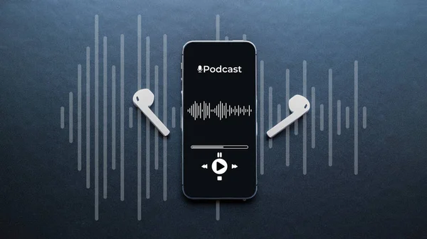 Podcast icon. Audio equipment with microphone, sound headphones, podcast application on mobile smartphone screen. Radio recording sound voice on dark background. Broadcast media music concept