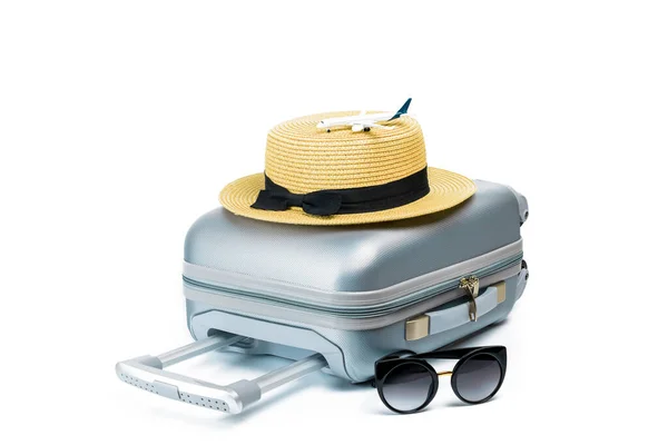 Fond Tropical Valise Lunettes Soleil Avec Plan Jouet Chapeau Paille — Photo