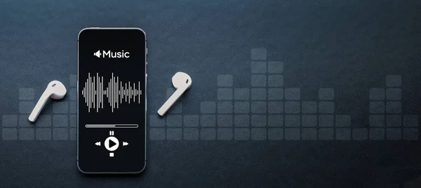 Hudební Nápis Mobilní Smartphone Obrazovka Hudební Aplikací Zvukové Sluchátka Zvukový — Stock fotografie