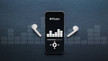 Müzik ekipmanları. Ses ritimleri, kulaklıklar, cep telefonu ekranında müzik uygulaması. Koyu arkaplandaki ses kaydı. Canlı radyo oynatıcı model pankartı
