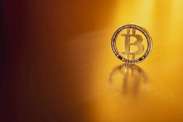 Trade bitcoin. Golden Bit Coin virtual cryptocurrency or blockchain technology. Gold Crypto currency BTC Bitcoin on black background. Block chain, network connect concept