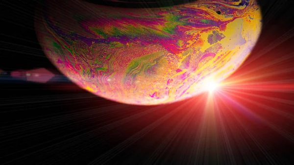 Renkli Kabarcıklar Evrende Dünya Gezegeninin Olduğu Soyut Galaksi Arka Planı — Stok fotoğraf