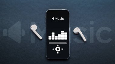 Müzik geçmişi. Müzik uygulamalı cep telefonu ekranı, ses kulaklıkları. Radyolu ses, siyahlı ritimli. Kayıt stüdyosu veya podcast afişi