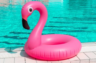 Yaz zamanı. Yaz mevsimi için havuz suyunda şişirilebilir pembe flamingo. Çocuklar için komik bir oyuncak.