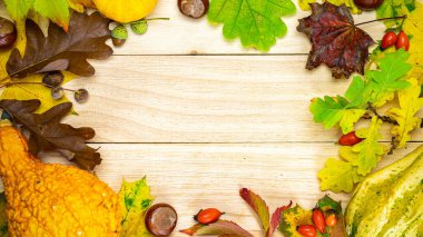 Sonbahar deseni. Turuncu kabaklı doğal hasat, kurumuş yapraklar, kırmızı böğürtlen ve meşe palamudu, şekil olarak ahşap arka planda kestaneler. Sonbahar Şükran Günü geçmişi