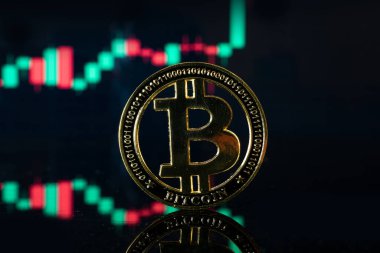 Bitcoin hisseleri. Grafik arkaplanında Altın Kripto para birimi BTC Bitcoin. Altın Para Sanal Kripto Para ya da Engelleme Teknolojisi. Sanal para ve madencilik kavramı