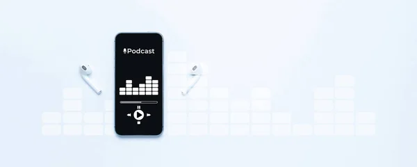 Podcast Háttér Mobil Okostelefon Képernyő Podcast Alkalmazással Hangfejhallgatóval Hanghang Rádiómikrofonnal — Stock Fotó