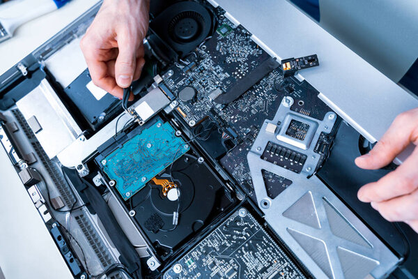 Computer repair hardware technology. Technician electronic pc service from engineer man. Digital chip maintenance