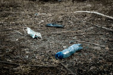 Ormandaki çevre ve plastik çöpler. Çöpler, çöpler, ormanda israf. Boş büyük şehir şişeleri ile ekolojik sorun