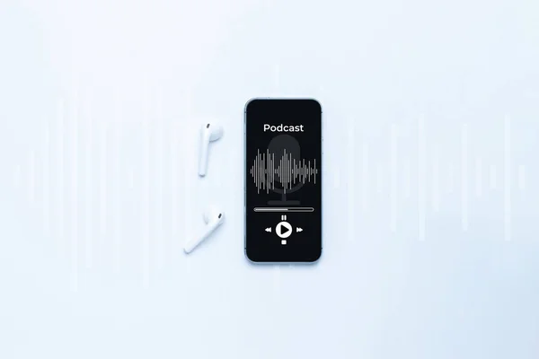 Podcast icon. Audio equipment with microphone, sound headphones, podcast application on mobile smartphone screen. Radio recording sound voice on white background. Broadcast media music concept