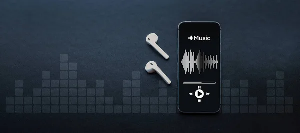 Hudební Nápis Mobilní Smartphone Obrazovka Hudební Aplikací Zvukové Sluchátka Zvukový — Stock fotografie