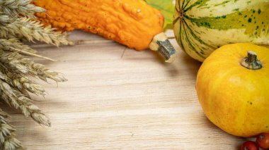 Soyut sonbahar. Çavdar kazığı, portakal kabağı, kurumuş yapraklar, kırmızı böğürtlen ve meşe palamudu, ahşap arka planda kestane. Sonbahar Şükran Günü geçmişi