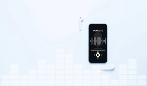 Podcast Achtergrond Mobiel Smartphone Scherm Met Podcast Applicatie Geluidskoptelefoon Audio — Stockfoto