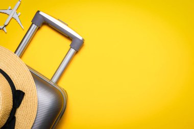 Yaz konsepti geçmişi. Çantalı seyahat aksesuarları, beyaz bir uçak, sarı arka planda minimum tatil konsepti olan palmiye yaprakları. Kopyalama alanı, yaz tatili ve iş seyahati kavramı