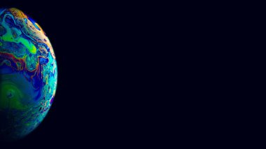 Kabarcık rengi. Galaksi evrenindeki dünya gezegeninin kara arka planında soyut güneş olan uzayı. Sudaki soyut floresan mürekkepleri rengi