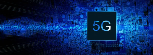 5g network. Wireless network business technology with 5g computer chip on digital motherboard background. Internet of things, telecommunication network or IOT concept