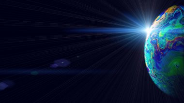 Gezegen gecesi. Evrende Dünya 'nın olduğu soyut galaksi arka planı. Karanlık arka planda güneş ışığı var. Renkli baloncukların fantastik yapısı