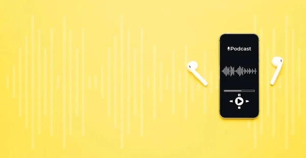Equipo Audio Podcast Micrófono Audio Auriculares Sonido Aplicación Podcast Pantalla —  Fotos de Stock