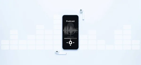 Podcast music. Mobile smartphone screen with podcast application, sound headphones. Audio voice with radio microphone on white background. Broadcast media music banner with copy space