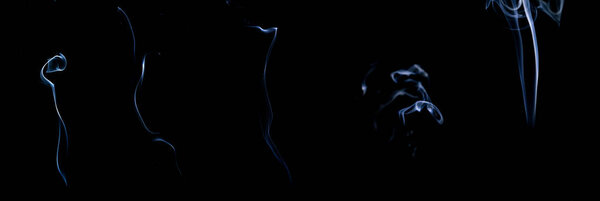 Smoke steam set. Blur white smoke, abstract fog group or steam mist cloud isolated on black background. Steam flow in pollution, vapor cigarette, gas, dry ice