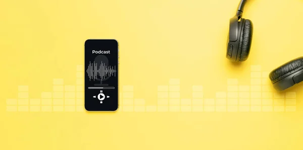 Ícone Podcast Equipamento Áudio Com Microfone Fones Ouvido Som Aplicativo — Fotografia de Stock