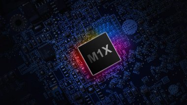 M1X işlemci çipi. Karanlık anakart arka planında bilgisayar işlemci çipi olan ağ dijital teknolojisi. Kişisel verileri ve mahremiyeti hackerların siber saldırısından koru