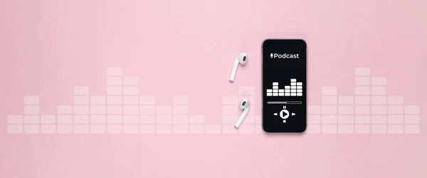 Podcast icon. Audio equipment with microphone, sound headphones, podcast application on mobile smartphone screen. Radio recording sound voice on pink background. Broadcast media music concept