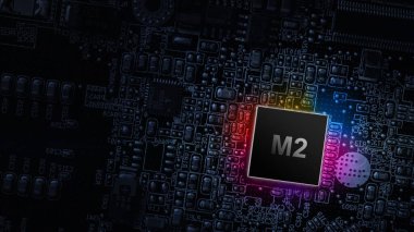 M2 işlemci çipi. Karanlık anakart arka planında bilgisayar işlemci çipi olan ağ dijital teknolojisi. Kişisel verileri ve mahremiyeti hackerların siber saldırısından koru