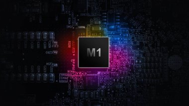 M1 işlemci çipi. Karanlık anakart arka planında bilgisayar işlemci çipi olan ağ dijital teknolojisi. Kişisel verileri ve mahremiyeti hackerların siber saldırısından koru