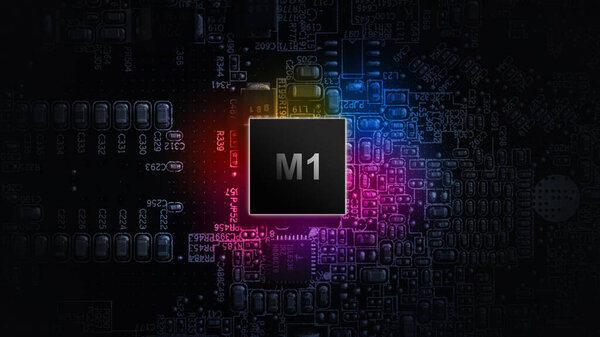 M1 processor chip. Network digital technology with computer cpu chip on dark motherboard background. Protect personal data and privacy from hacker cyberattack