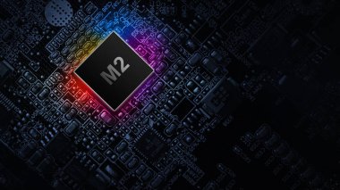 M2 işlemci çipi. Karanlık anakart arka planında bilgisayar işlemci çipi olan ağ dijital teknolojisi. Kişisel verileri ve mahremiyeti hackerların siber saldırısından koru