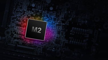 M2 işlemcisi. Dijital bilgisayar işlemcisi, karanlık teknoloji arka planında ağ ana kart çipi. Modern teknoloji kavramı