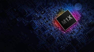 M1X laptop işlemcisi. Karanlık anakart arka planında bilgisayar işlemci çipi olan ağ dijital teknolojisi. İnternet işi ve ağ oluşturma kavramı