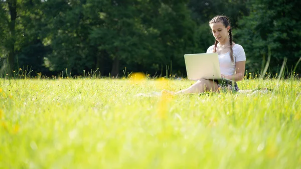 Tablette Ordinateur Fille Travailler Extérieur Étudiant Femme Plein Air Avec — Photo