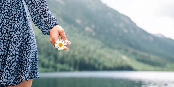 カモミールの花 春のドレスを保持カモミールの花で幸せな女の子 夏のカモミール 女性の手に白いデイジー 若い女性と春の緑の自然 調和の概念 — ストック写真