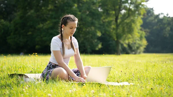 Diák Online Üzlet Laptop Számítógép Tabletta Nyári Parkban Lány Személy — Stock Fotó
