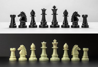 White and Black chess figures isolated on black and white background. Black and White Chess pieces are lined up. Set of chess figures. clipart