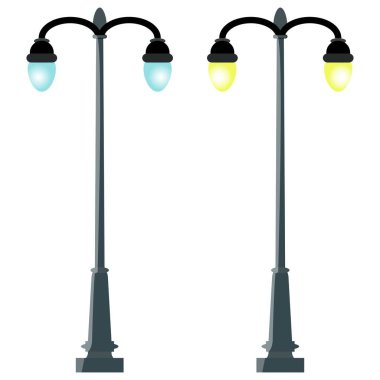 Beyaz arka planda izole edilmiş çizgi film tarzında sokak lambalarının vektör çizimi. Biri sarı, diğeri açık mavi renkler. Çizgi film dekorları.