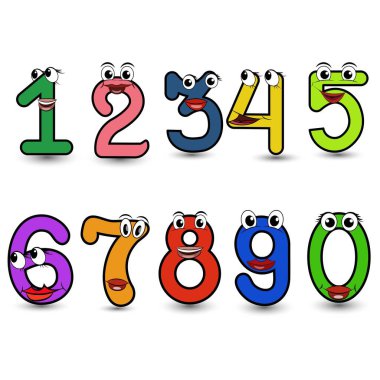 Bir, iki, üç, dört, beş, altı, yedi, sekiz, dokuz ve sıfır numaralı renkli çizgi film çizimleri. Gülen vektör alfabesi çizimleri beyaza izole edilmiş. Çocukların öğrenmesi için iyi.