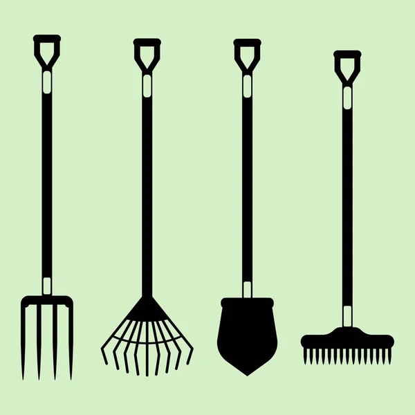 Εργαλεία Κηπουρικής Vector Set Σιλουέτα Φτυάρι Κήπου Πιρούνι Και Τσουγκράνα — Διανυσματικό Αρχείο