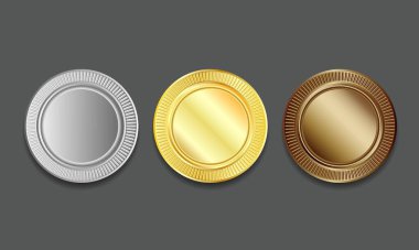 Kazanan madalyalar, madeni para, fiyat etiketleri, spor, dikiş düğmeleri, düğmeler, simgeler veya altın gümüş ve bronz parlak metal desenli madalyalar için boş vektör şablonları belirleyin ve çevrenin çevresine kabartmalı, koyu arka planda izole edilmiş