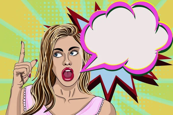 Konuşma ya da düşünce baloncuğu olan Pop Art çekici bir kız. Kulüp partisi davetiyesi ya da güzel seksi bir bayanla doğum günü kartı tasarımı. Şaşkın kadının işaret ettiği klasik reklam afişi..