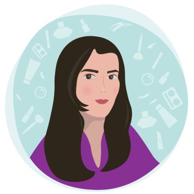 Makyajlı güzel bir kız ve avatar ya da poster için saç stili, kare, düz çizim