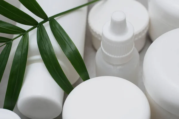 Model. Jel, losyon, krem için boş şişe ve kavanoz. Etiketsiz cilt ürünleri için beyaz plastik kaplar. Markasız güzellik ürünü paketi..
