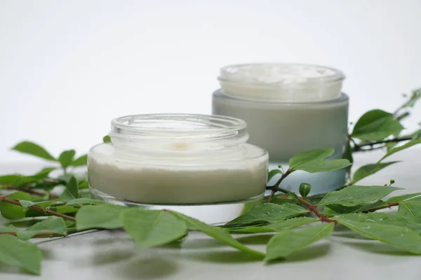 Glass Jars Beauty Cream Light Gray Background Decorated Green Leaves — Stock Photo, Image