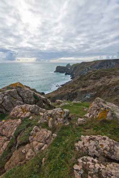 De hagedis kustlijn van kliffen boven Mullion Cove in Cornwall — Stockfoto