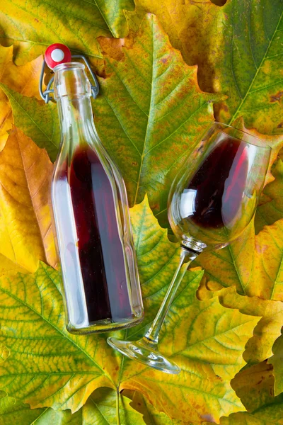 Vino tinto sobre fondo de hojas de otoño — Foto de Stock