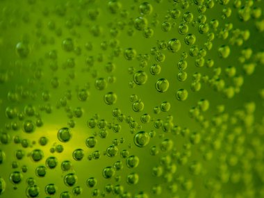 Yeşil zemin üzerinde gazoz kabarcıkları yakın plan