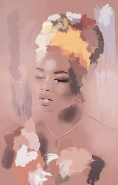 Saçında sarık olan siyah Afrikalı kadın. Siyahi kadını resmetmek. Sanat afro kızı.