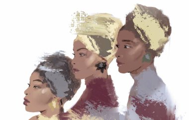 Saçında sarık olan siyah Afrikalı kadın. Siyahi kadını resmetmek. Sanat afro kızı, kafa sargısı